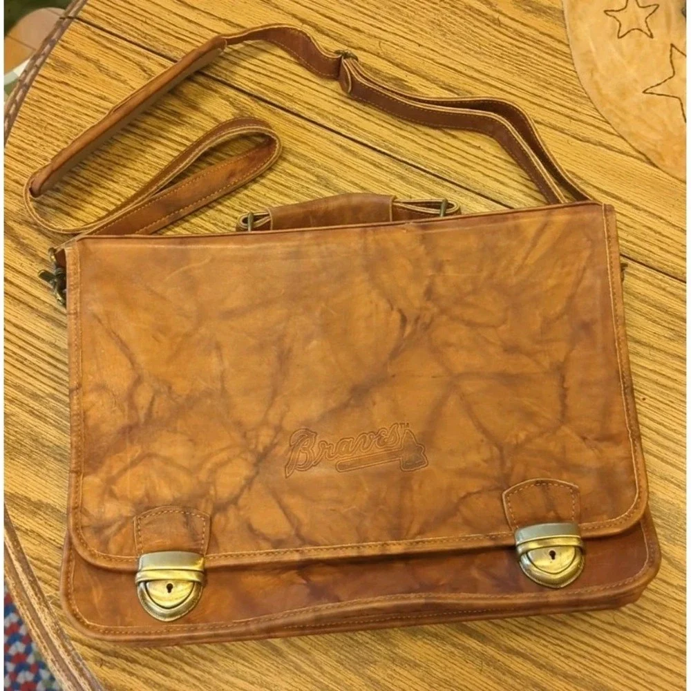 Gorgeous Genuine‎ Leather Briefcase Messenger Embossed Braves Baseball Bag